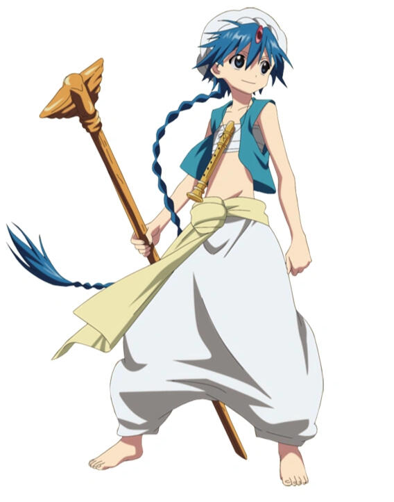 A reference of Aladdin from Magi, who also wears the classic open vest and harem pants.