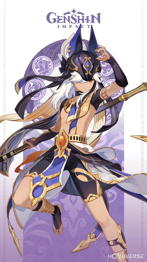 The drip marketing art for Cyno from Genshin Impact. He is fairly scantily clad.