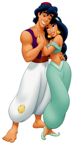 Aladdin and Jasmine A render of Disney's Aladdin and Princess Jasmine in their attire worn throughout the movie- Aladdin wears an orientalist thief outfit with harem pants, an open vest and no shirt, while Jasmine wears a colonized Belly Dancer outfit in teal.